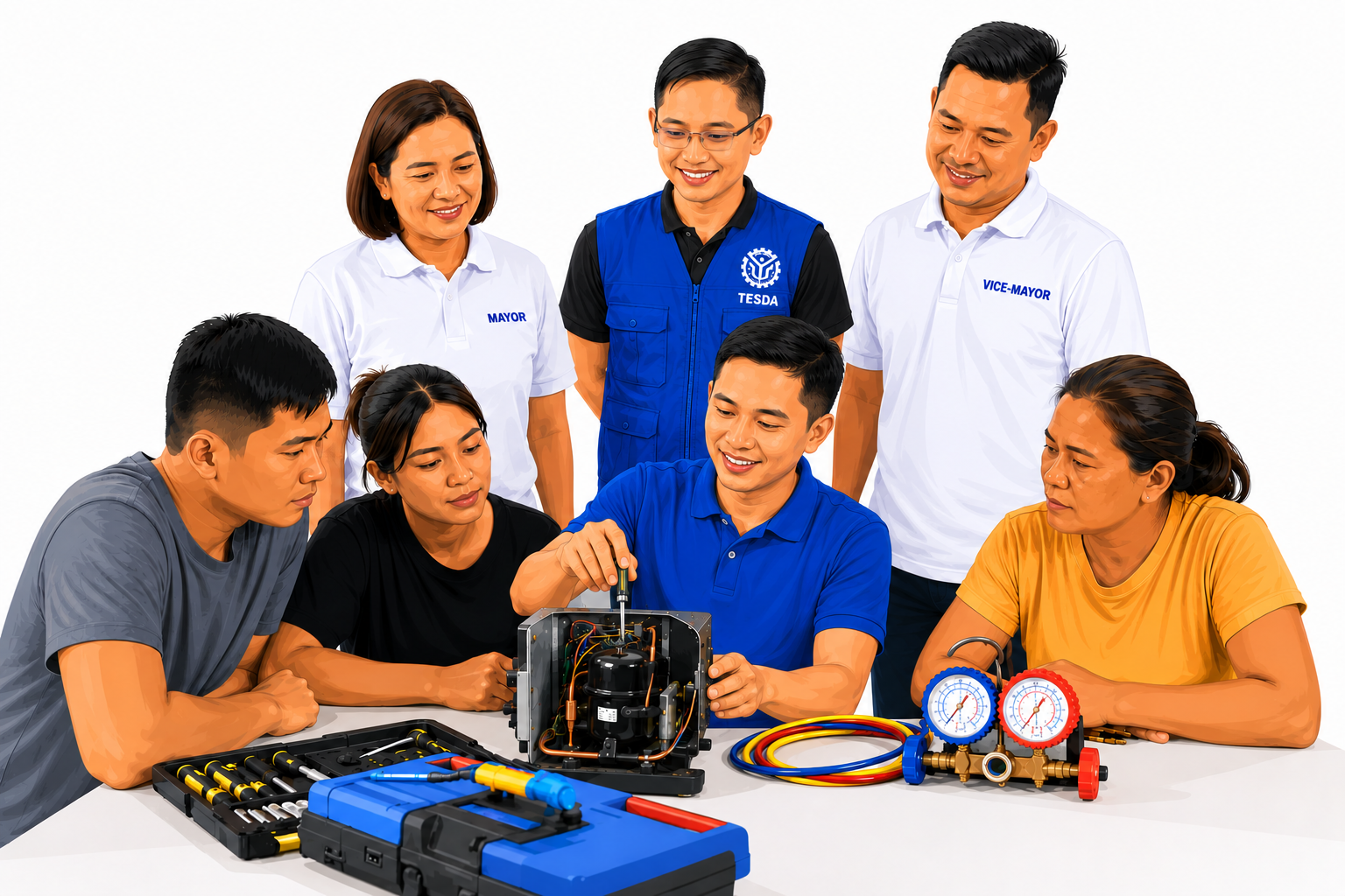 Train LOKAL: Local government leaders, TESDA representatives, and technical skills learners collaborating around practical training equipment